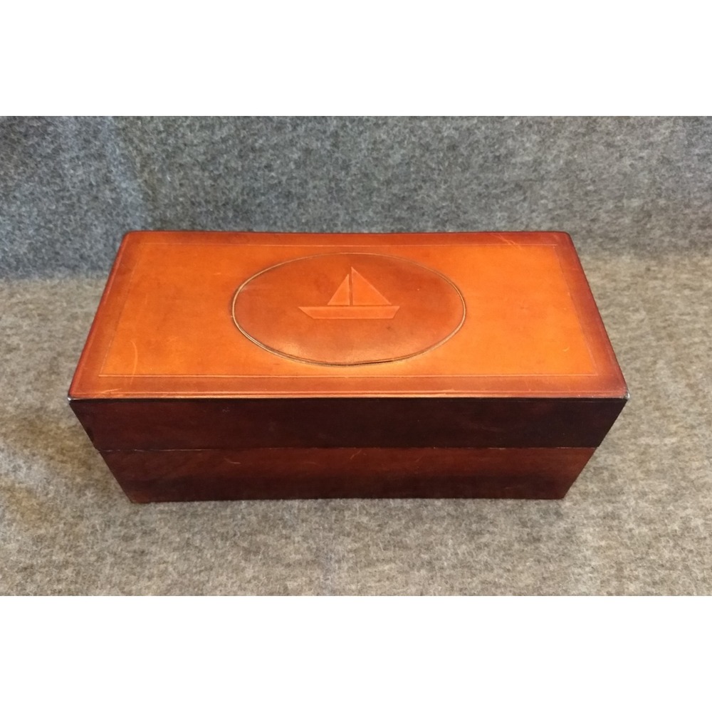 Vintage Wood & Leather Box w/ Embossed Sailboat Top Storage Original Sticker NOS